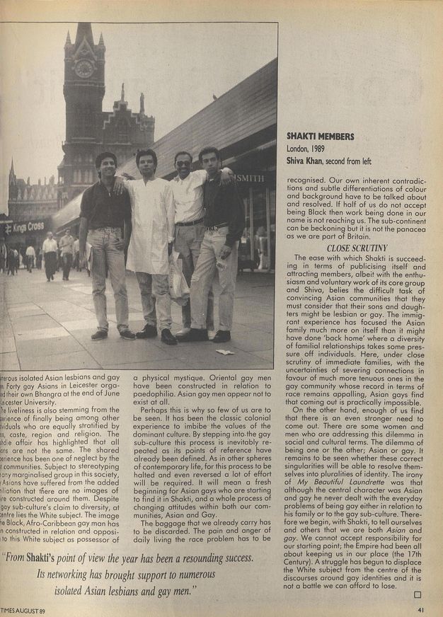 Newspaper clipping. Typewritten text in three columns appears amongst a thinly bordered photograph of four men with medium-brown skin tones in front of King's Cross Station. Caption reading "SHAKTI MEMBERS" and "London, 1989" also shown.